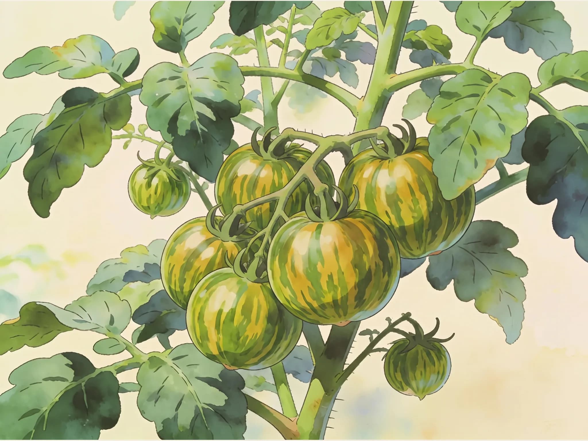 Tomate green zebra — fruto / cosecha (IA)