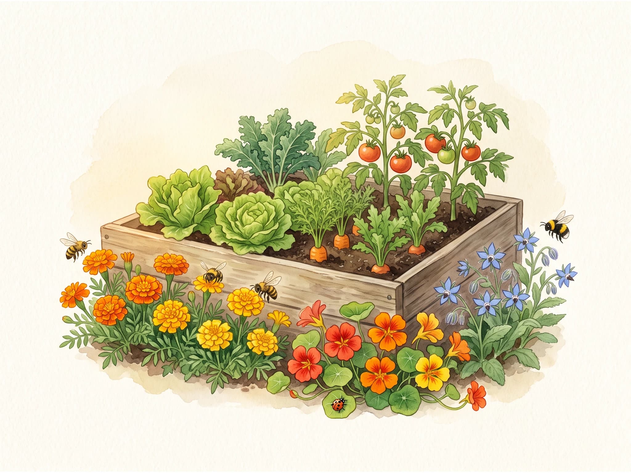 Flores compañeras — qué plantar junto a tus hortalizas y por qué
