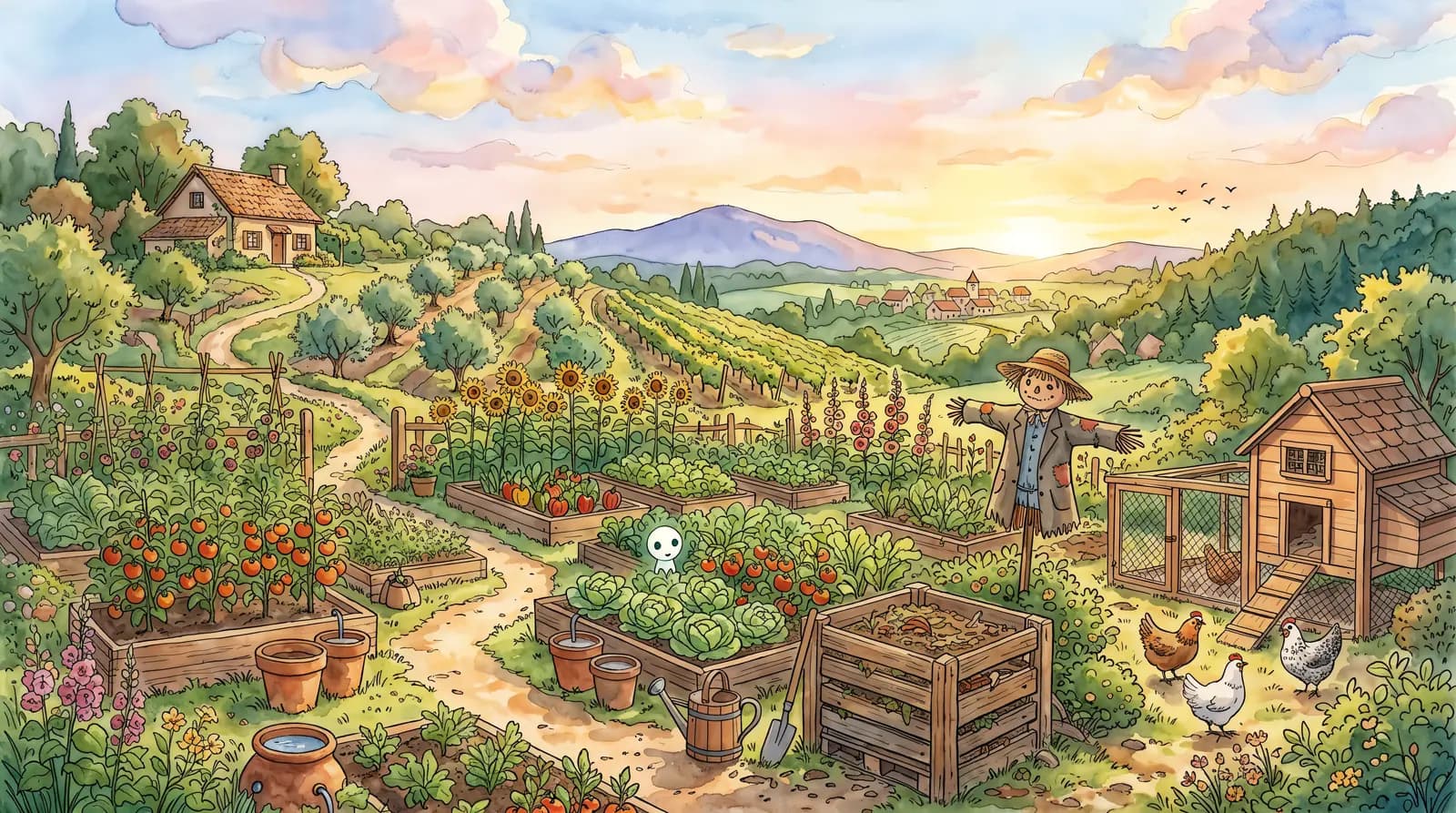 Ilustración panorámica de un huerto al atardecer con bancales, girasoles, gallinas y un pequeño kodama