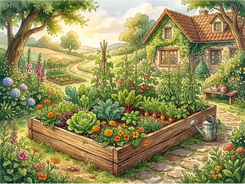 Un bancal elevado de madera lleno de verduras