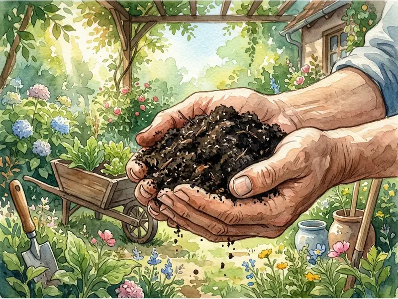 El compost terminado, oscuro y esponjoso