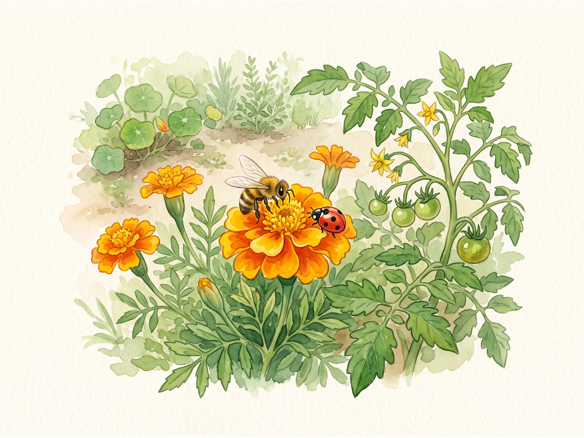 Abeja y mariquita visitando una caléndula junto a un tomate