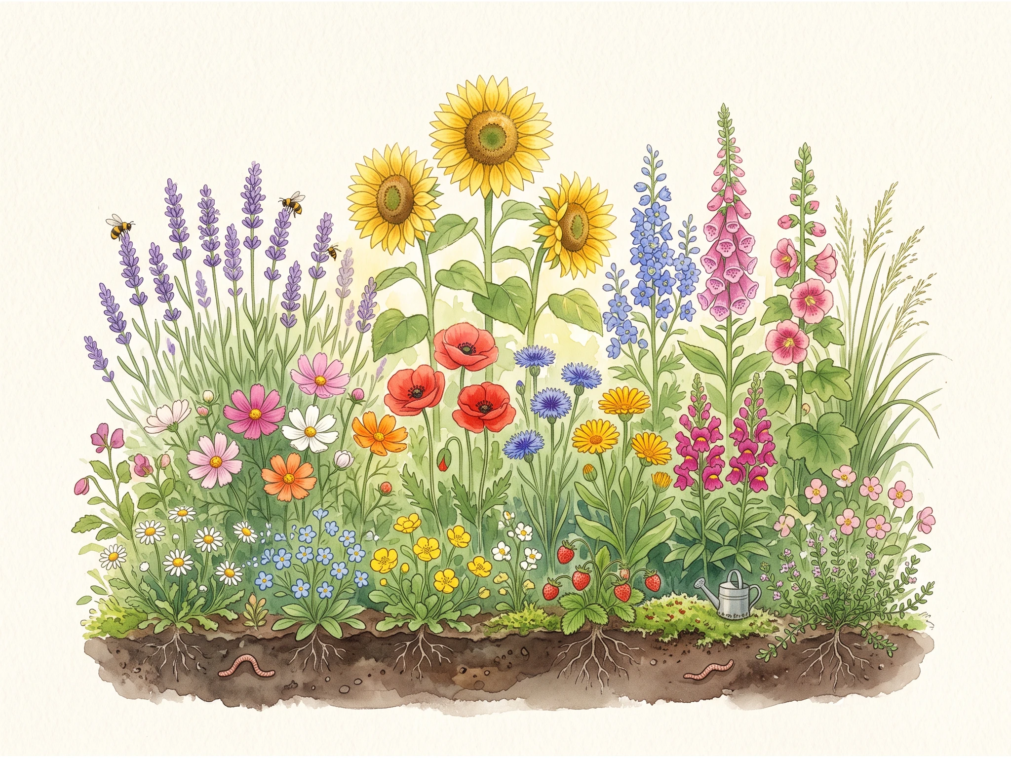 Bancal con bandas de flores de distinta altura, bajas al borde y altas al fondo