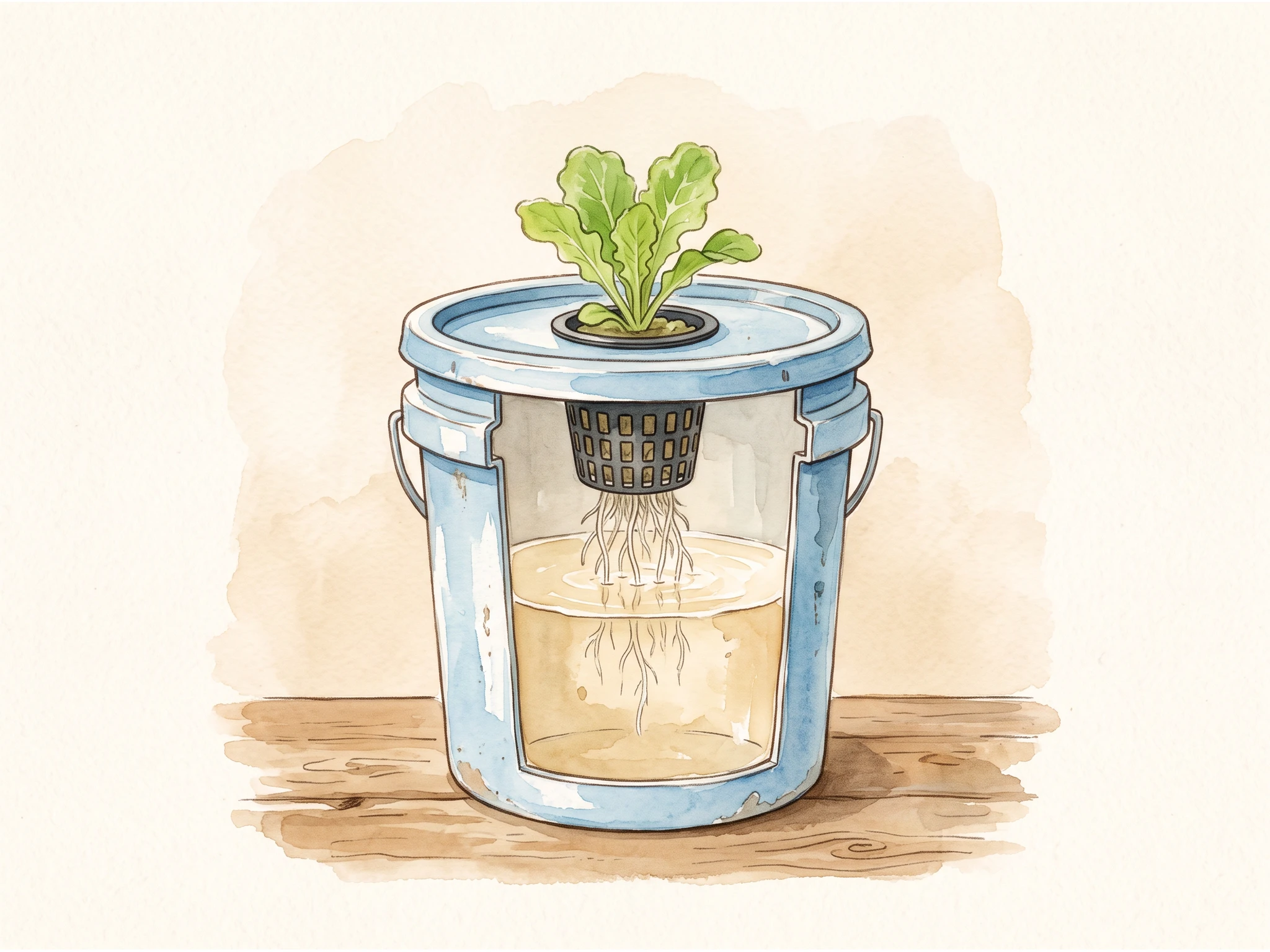 Sistema Kratky casero con una lechuga flotando en un cubo opaco