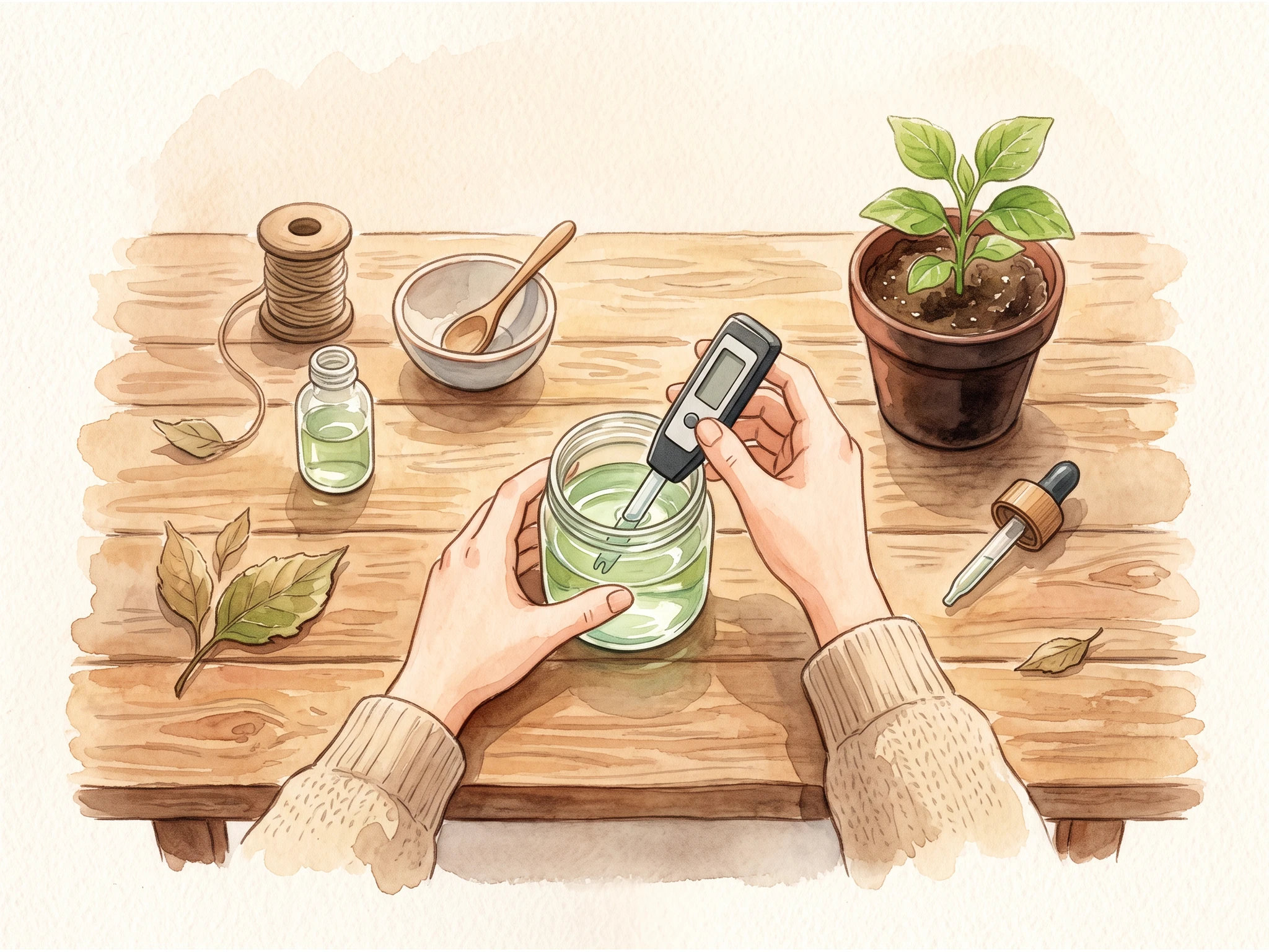 Manos midiendo el pH de la solución nutritiva con un medidor digital