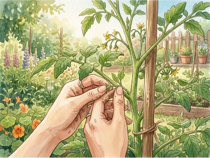 Quitando un chupón del tomate