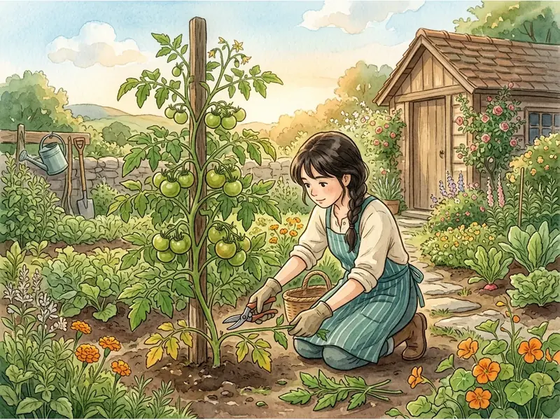 Podando las hojas bajas del tomate