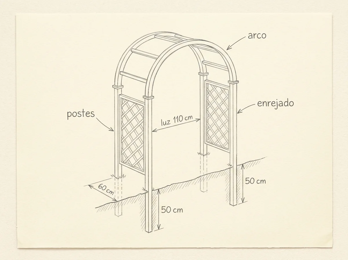 Boceto con medidas de Arco de jardín para trepadoras