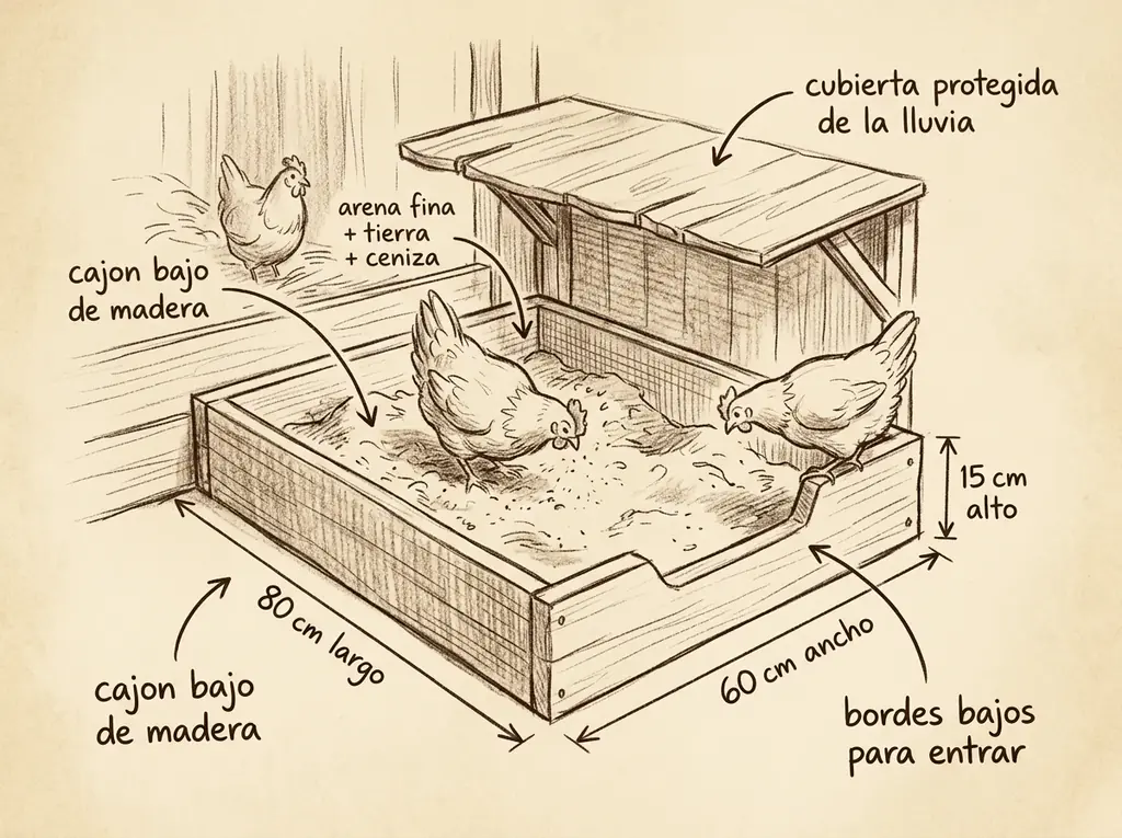 Boceto con medidas de Arenero para baño de arena (gallinas)