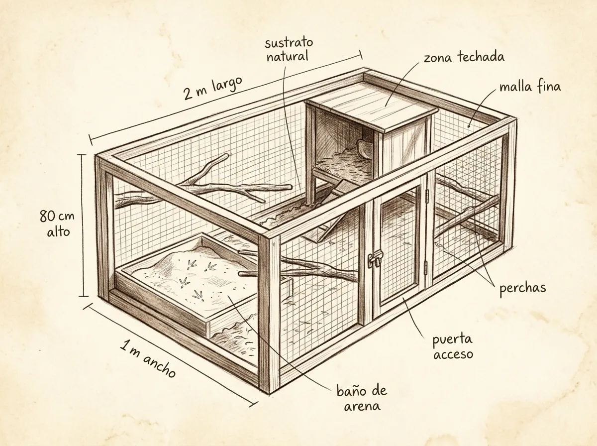 Boceto con medidas de Aviario de codornices en suelo (bienestar animal)