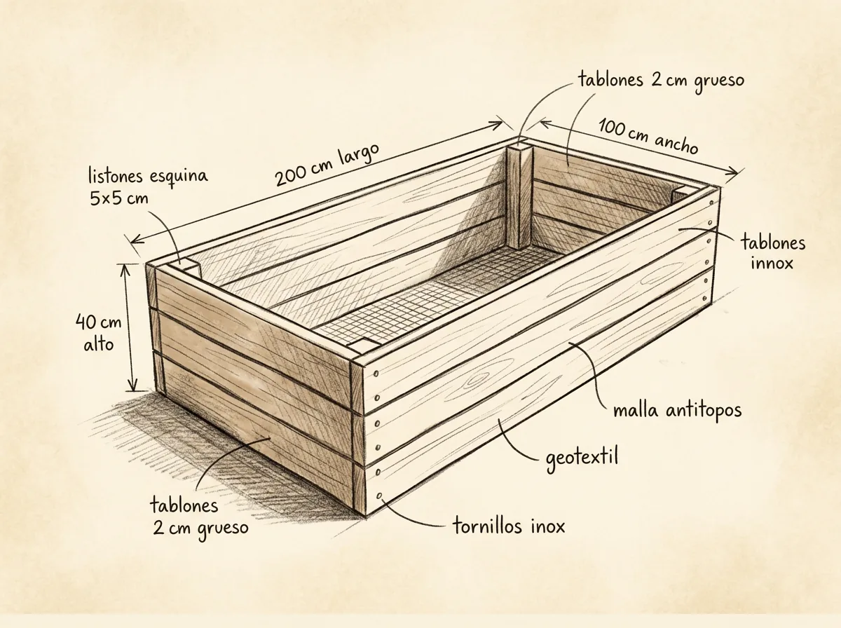 Boceto con medidas de Bancal elevado de madera