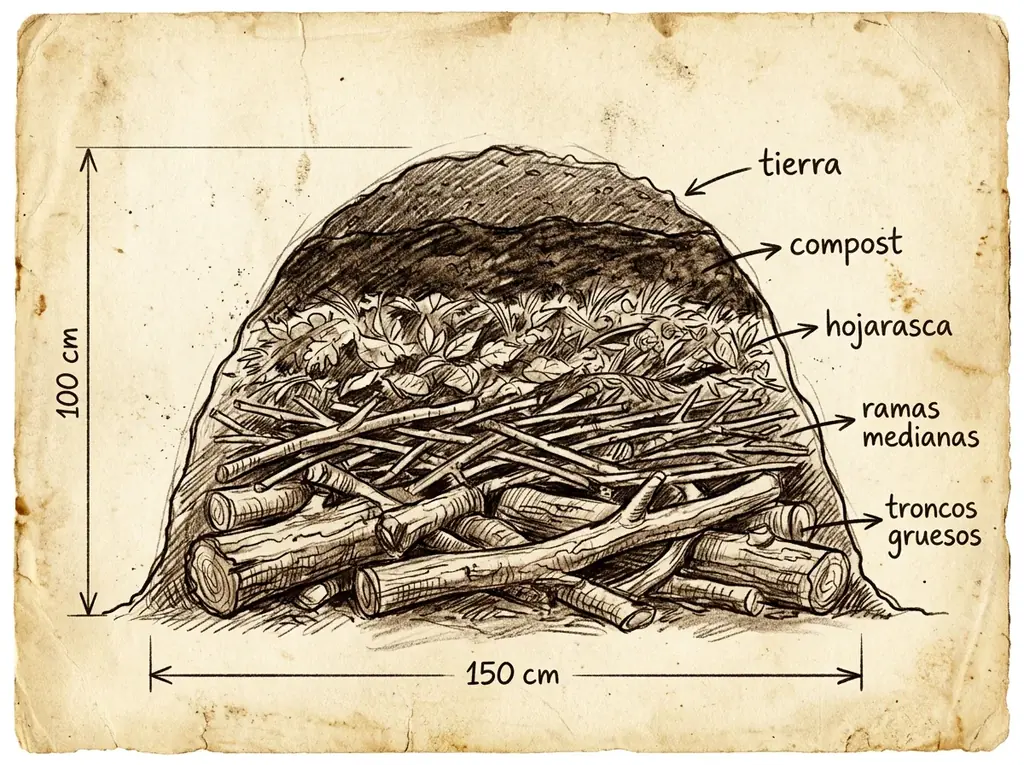 Boceto con medidas de Bancal Hügelkultur (con leña dentro)