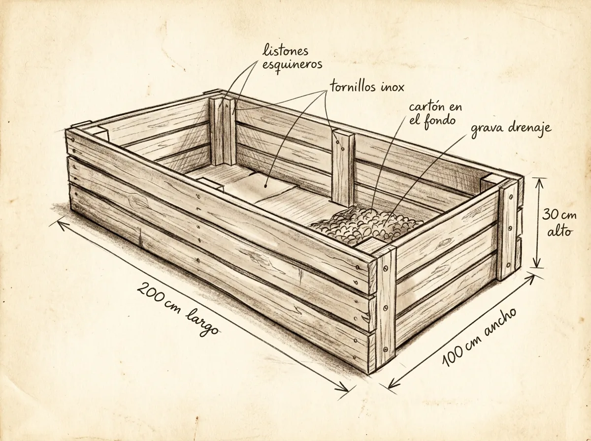 Boceto con medidas de Bancal con tablones de palet reciclado