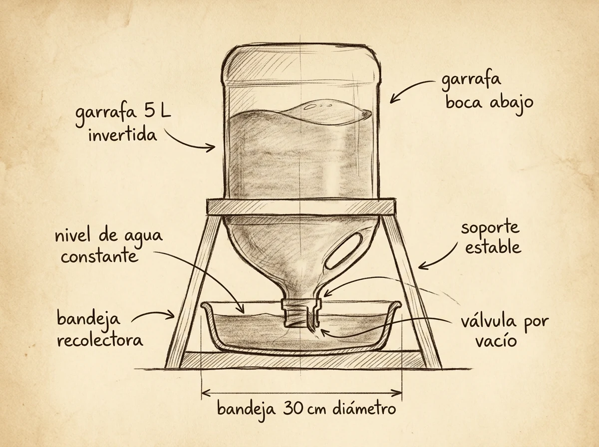 Boceto con medidas de Bebedero de sifón con garrafa