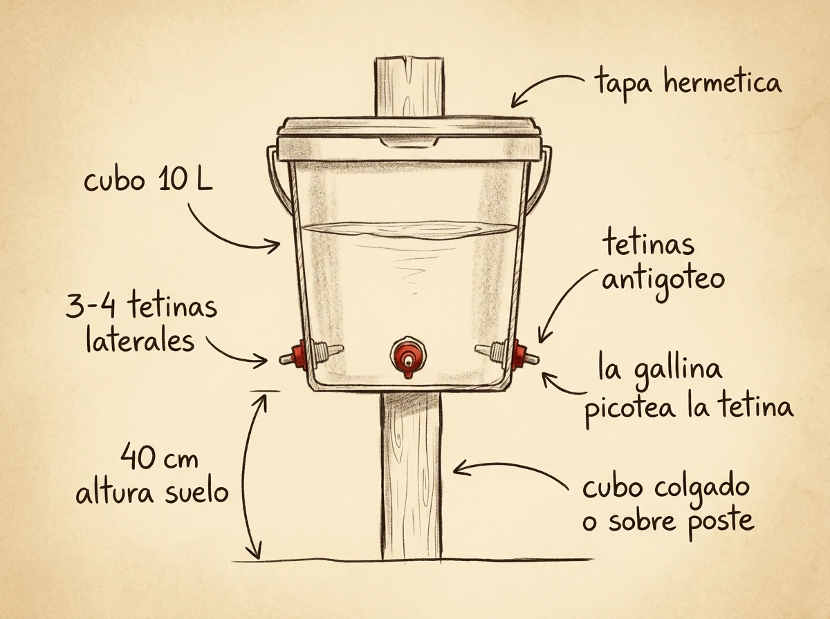 Boceto con medidas de Bebedero de tetinas (cubo)