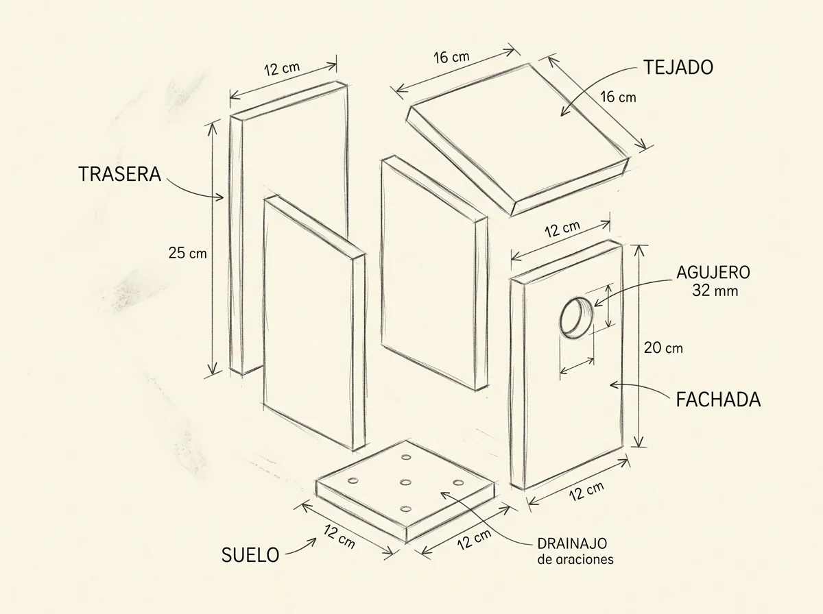 Boceto con medidas de Caja nido para aves insectívoras