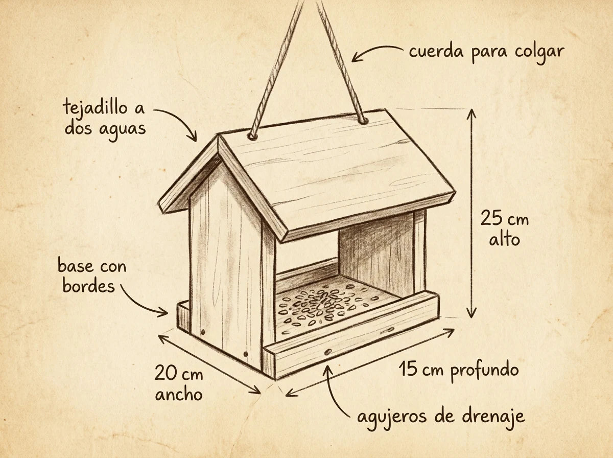 Boceto con medidas de Comedero y bebedero de pájaros