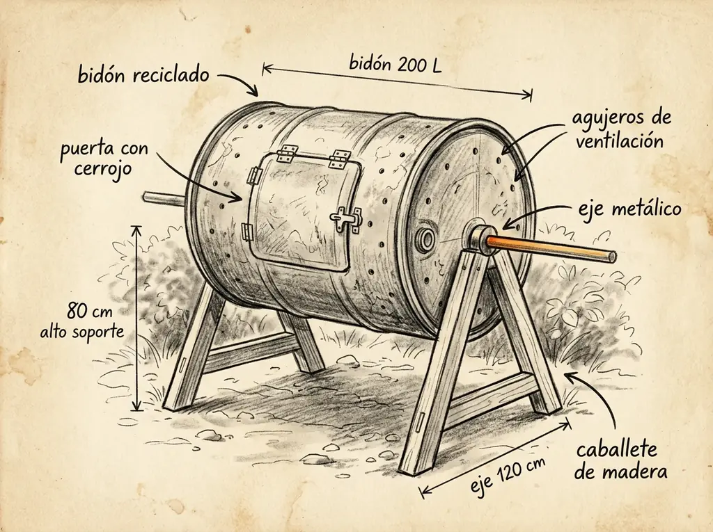 Boceto con medidas de Compostera giratoria con bidón