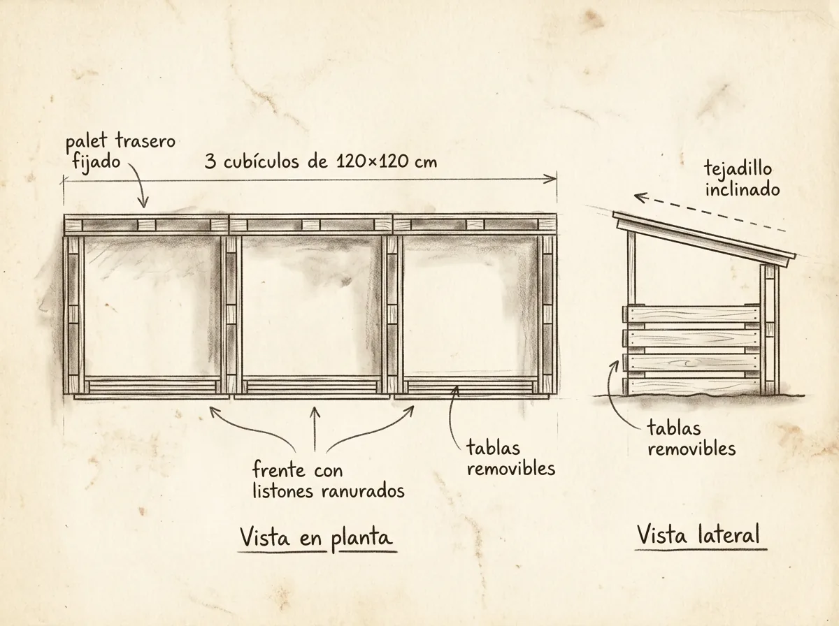 Boceto con medidas de Compostera de 3 módulos con palets