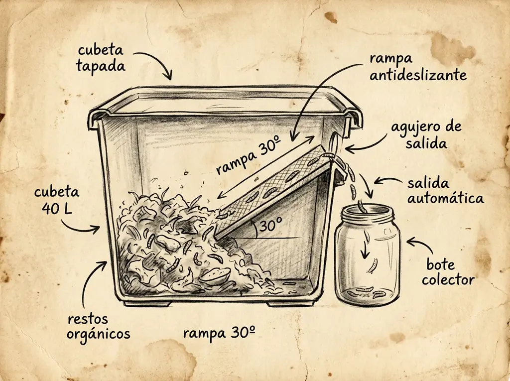 Boceto con medidas de Criadero de larvas de mosca soldado negro (BSF)