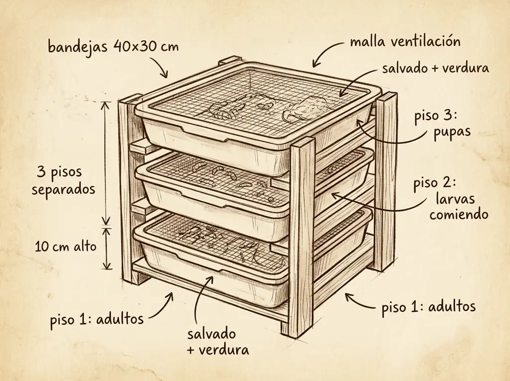 Boceto con medidas de Criador de tenebrios (mealworm)
