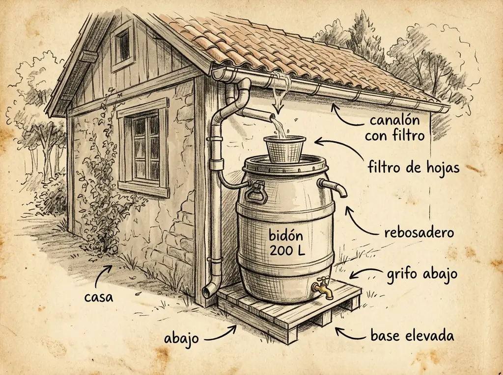 Boceto con medidas de Depósito de agua de lluvia con bidón
