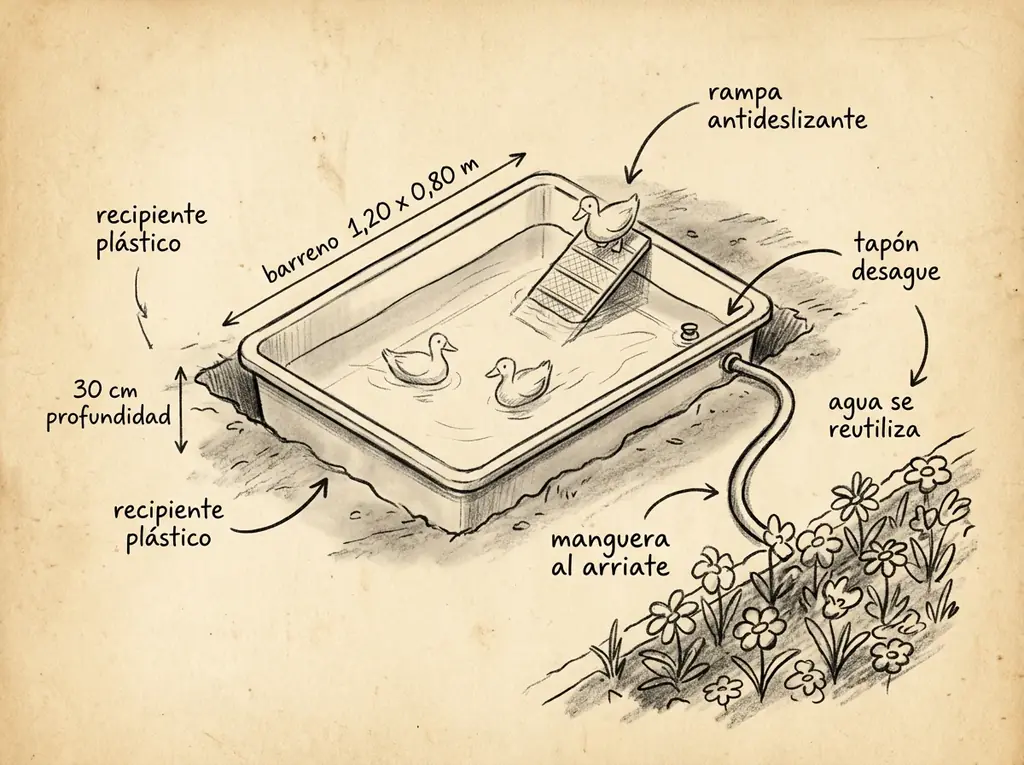 Boceto con medidas de Estanque de patos con drenaje fácil