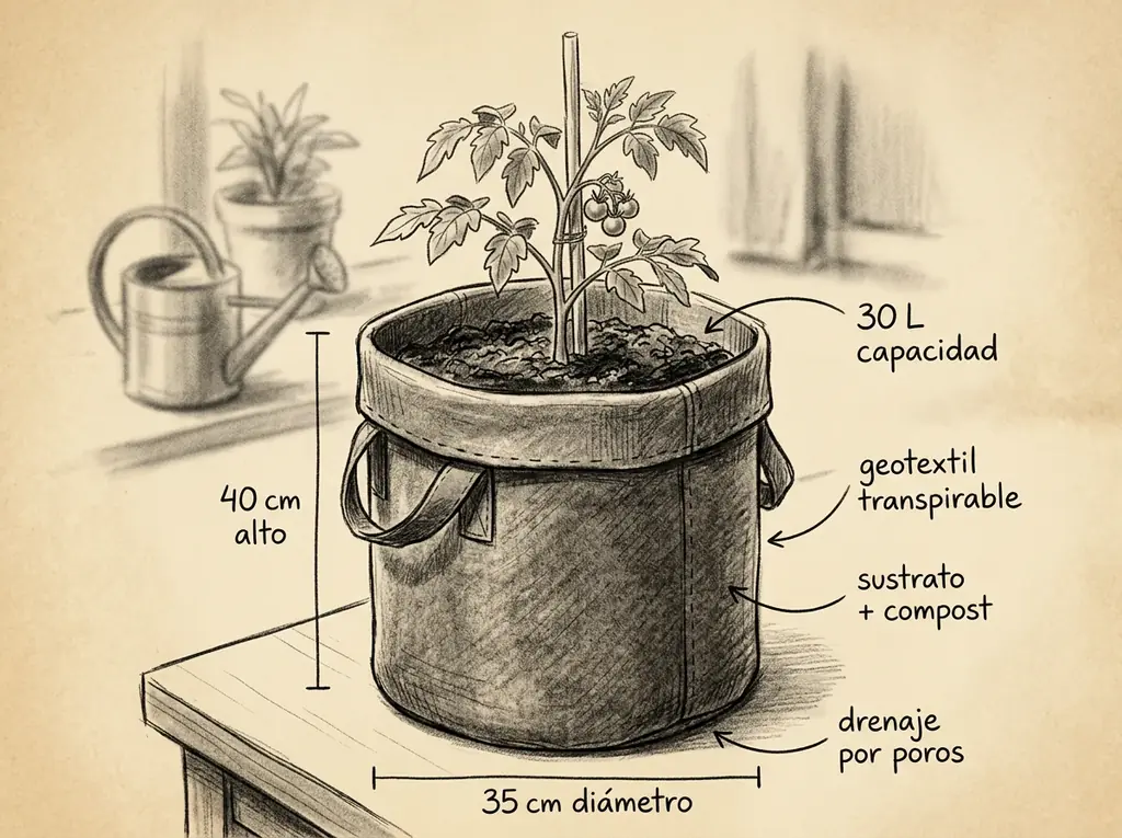 Boceto con medidas de Saca geotextil de cultivo