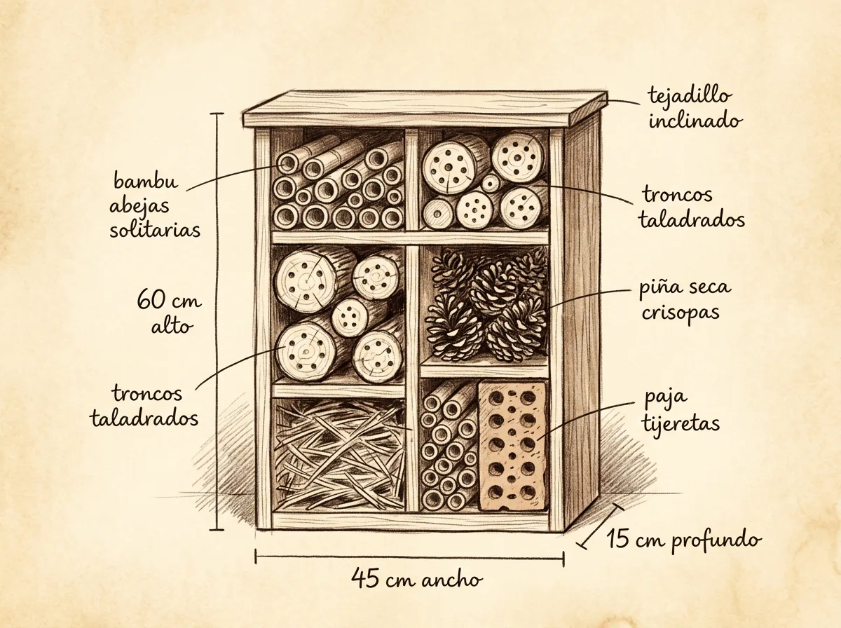 Boceto con medidas de Hotel de insectos multicapa
