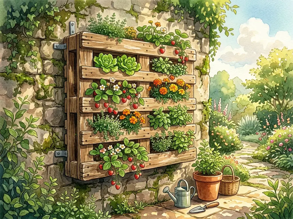 Jardín vertical con palet colgado