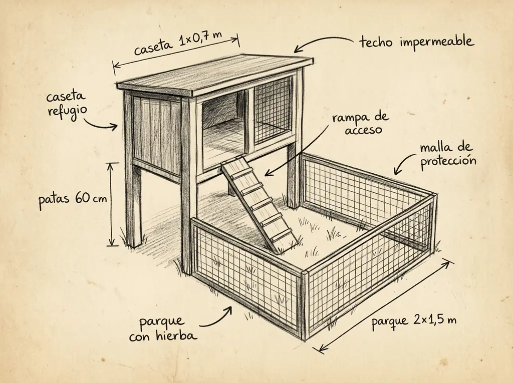 Boceto con medidas de Jaula de conejos elevada (con recogida de deyecciones)