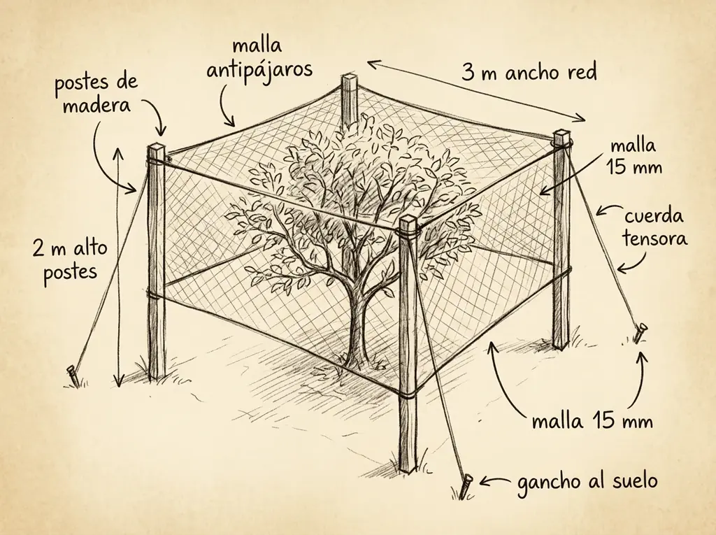 Boceto con medidas de Malla antipájaros y soporte