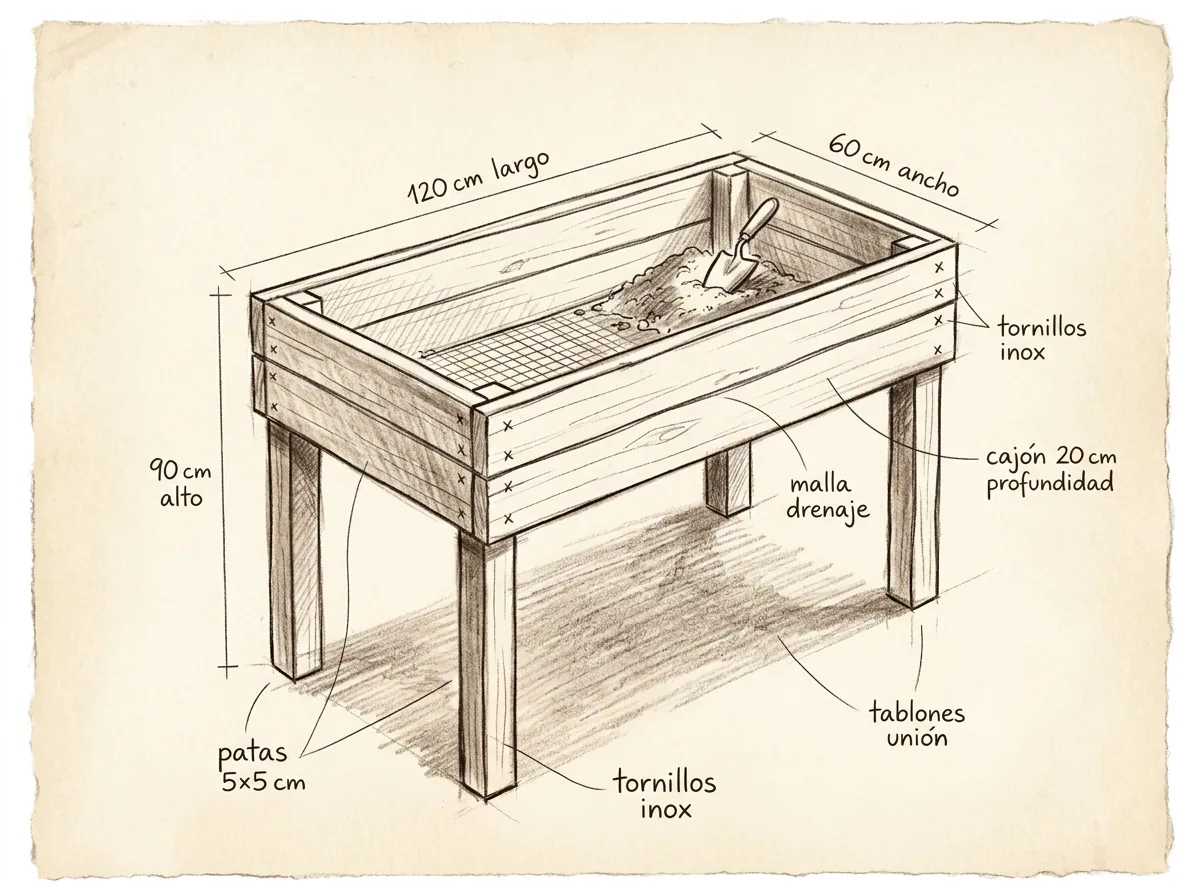 Boceto con medidas de Mesa de cultivo elevada
