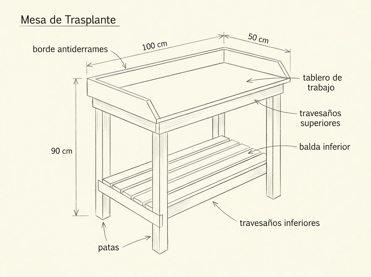 Boceto con medidas de Mesa de trasplante (potting bench)