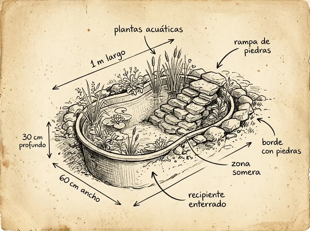 Boceto con medidas de Mini-estanque para anfibios y polinizadores