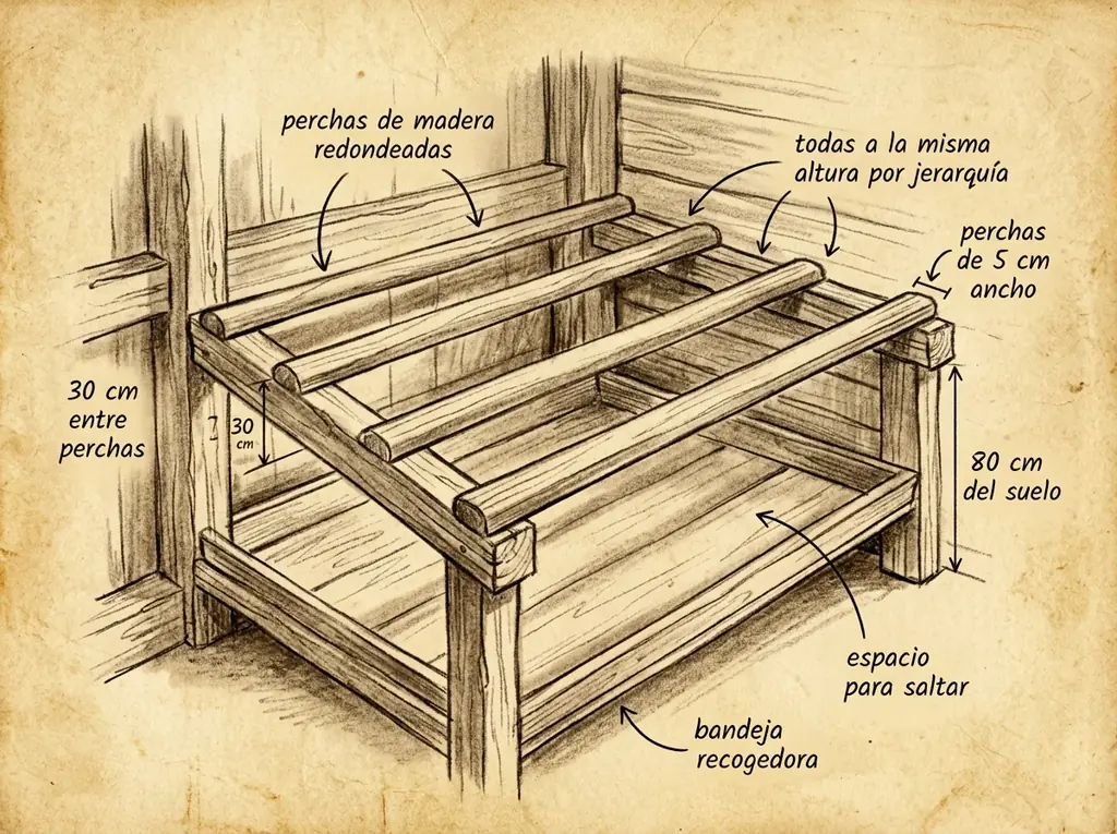 Boceto con medidas de Perchas / dormidero para gallinas