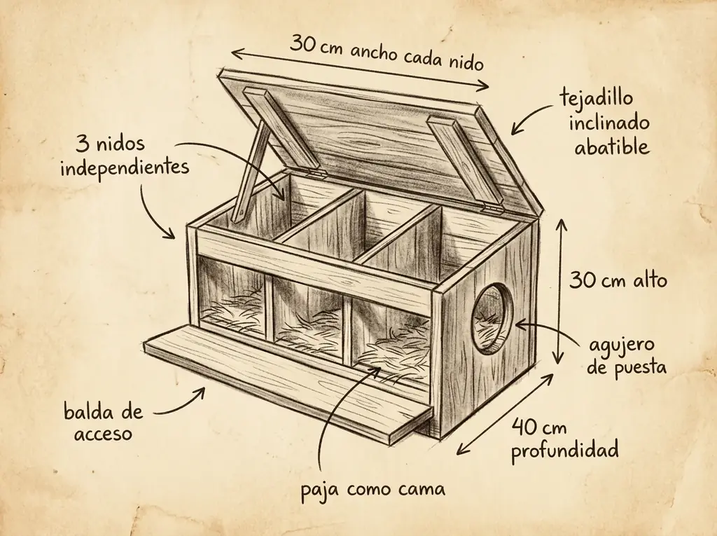 Boceto con medidas de Ponedero (cajones nido) para gallinas