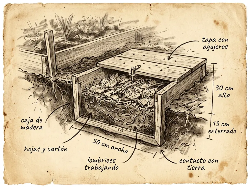 Boceto con medidas de Refugio para lombrices