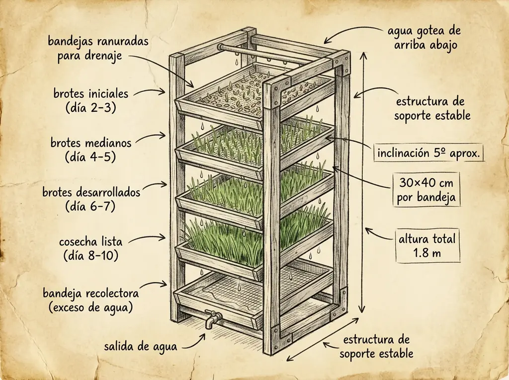 Boceto con medidas de Torre de fodder (hierba germinada para animales)
