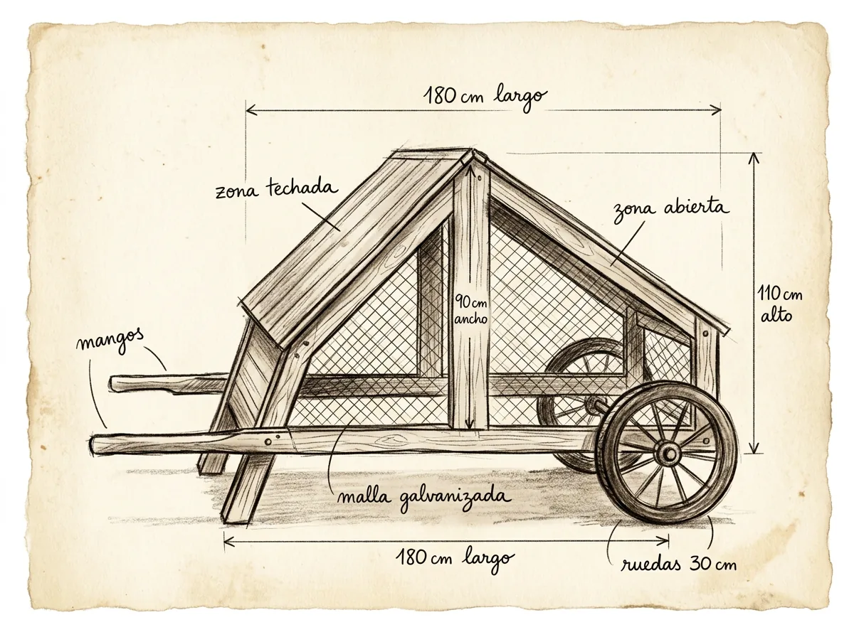Boceto con medidas de Tractor de gallinas (jaula móvil)