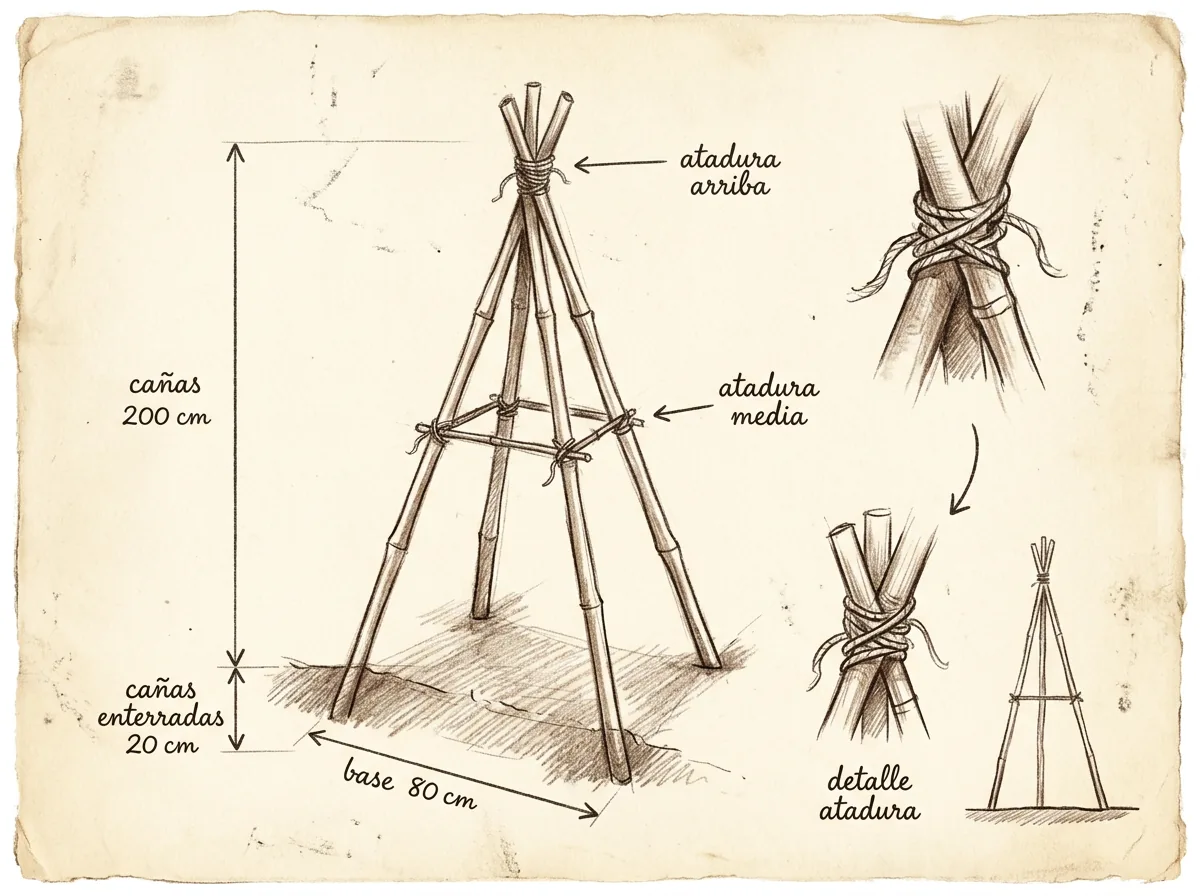 Boceto con medidas de Tutor piramidal de bambú para judías