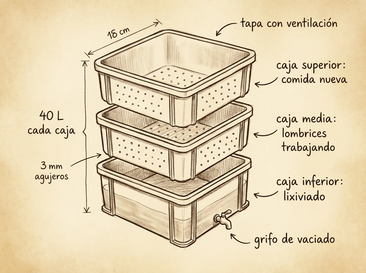 Boceto con medidas de Vermicompostera casera con cajones